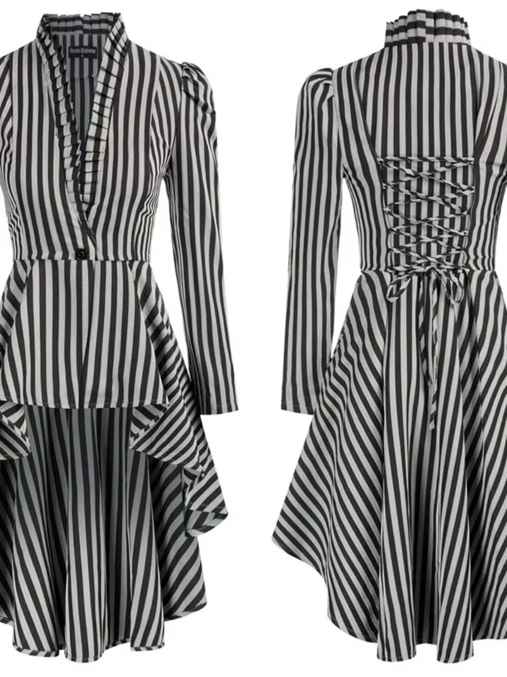 black-and-white striped high-low steampunk gothic tailcoat jacket.